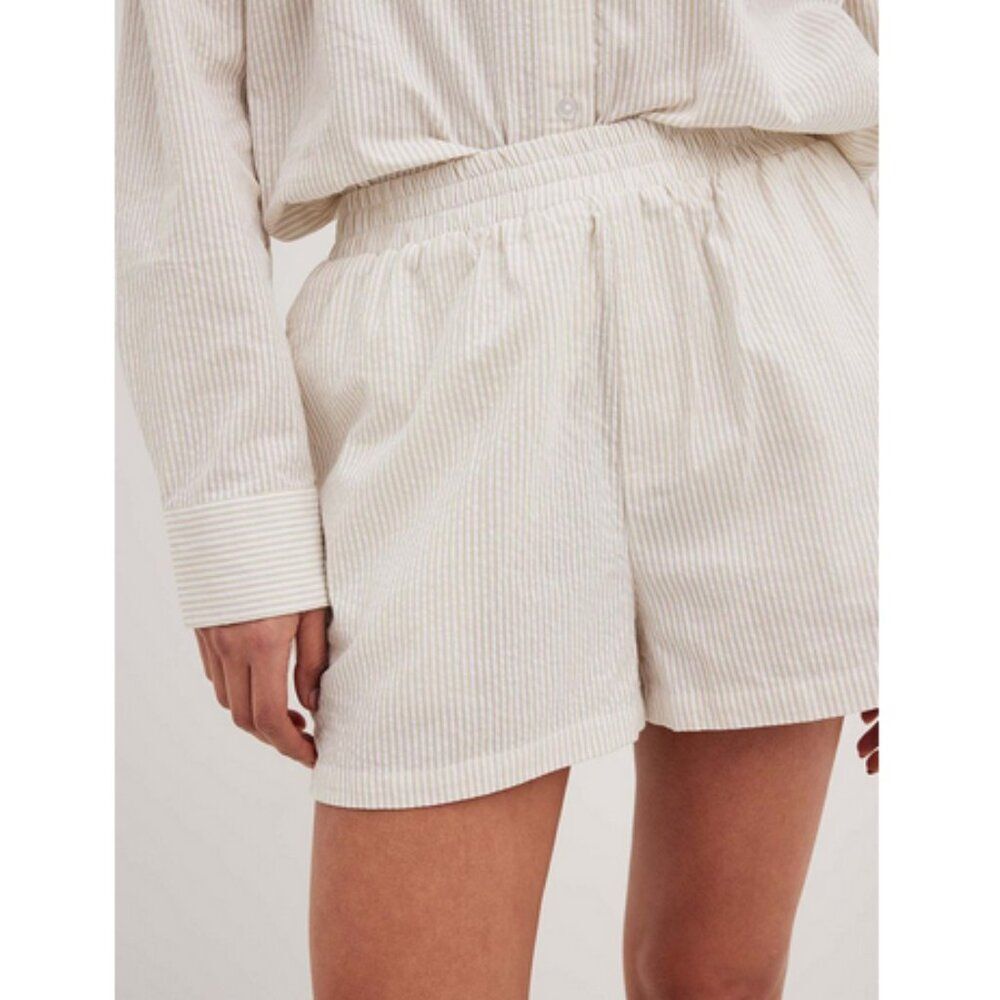 NA-KD Seersucker Shorts Women's Large Tan & White‎ Cotton Comfort Striped